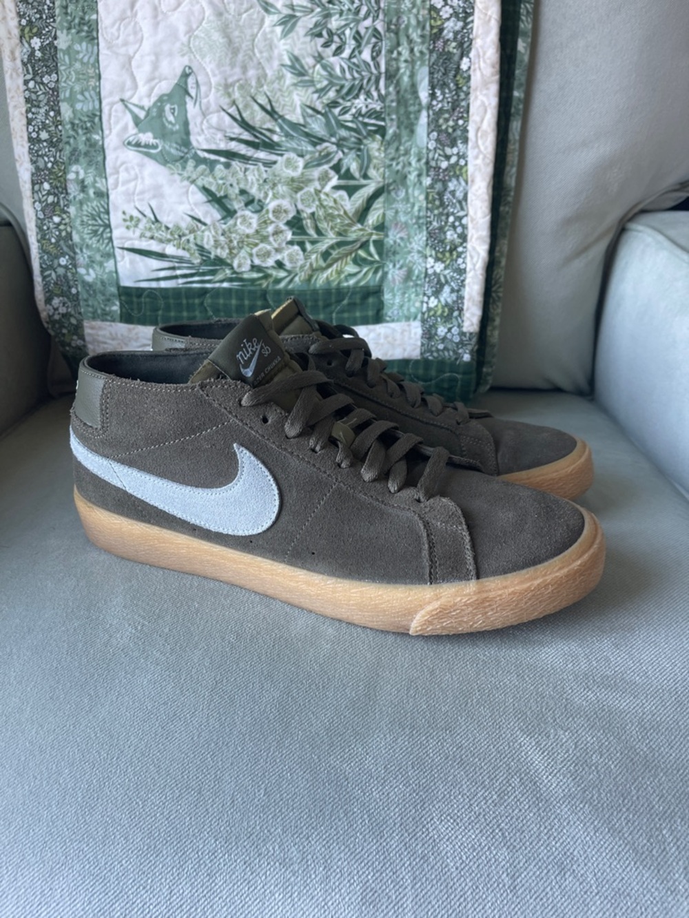 Nike Suede Mid-Top Sneakers in Olive Green with Light Blue Swoosh